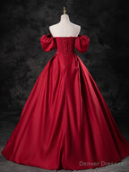 Red Satin A-line Short Sleeves Long Prom Dress, Red Long Formal Dress Evening Dress