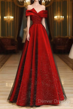 Red Satin And Black Tulle A-Line Off Shoulder Party Dress, Simple A-Line Prom Dress