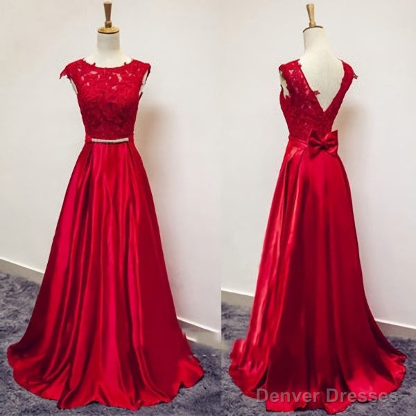 Red Satin and Lace Round Neckline Evening Gown, A-line Formal Gown Secondary image