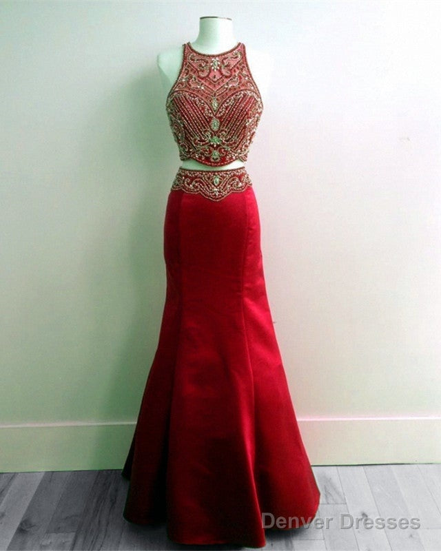 Red Satin Beaded Two Piece Mermaid Formal Gown Main image