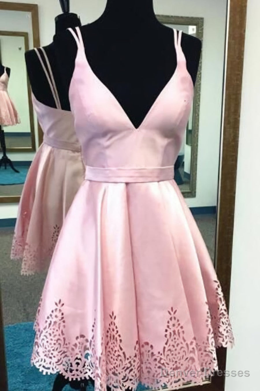 Red Satin Deep V-Neck A-Line Hollow Short Homecoming Dress,Graduation Dresses Secondary image