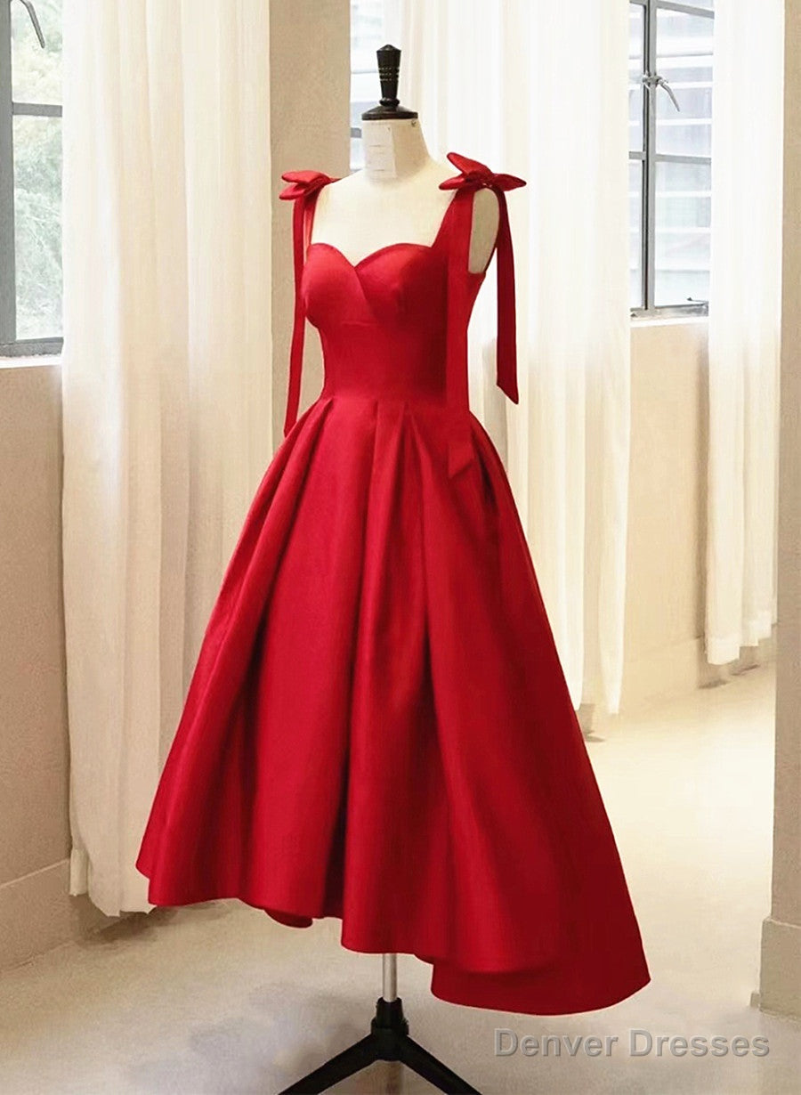 Red Satin High Low Formal Dress with Bow, Red Prom Dress Party Dress Main image