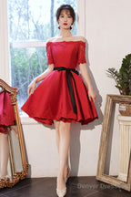 Red Satin Lace Short Prom Dresses, A-Line Evening Party Dresses