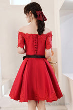 Red Satin Lace Short Prom Dresses, A-Line Evening Party Dresses