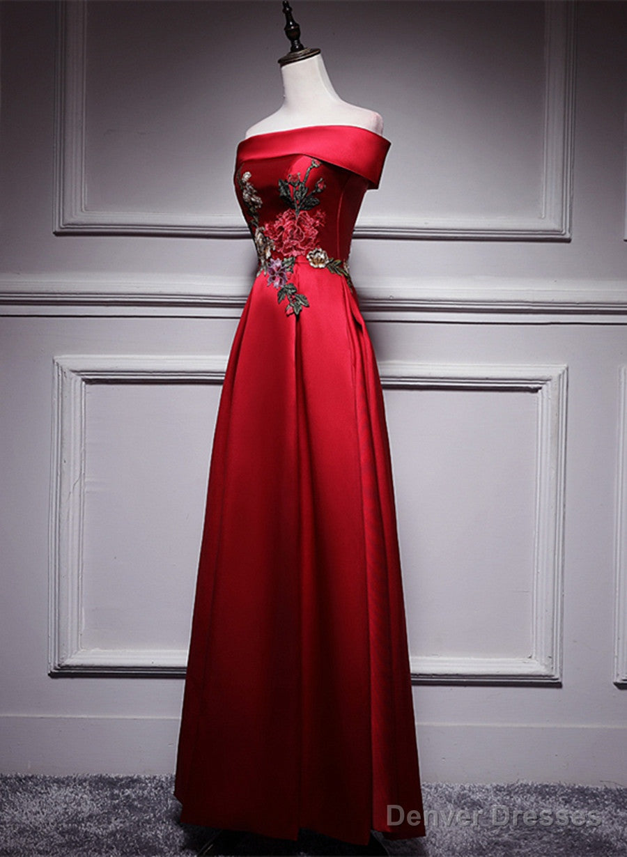 Red Satin Long A-line Prom Dress Off Shoulder Party Dress, Red Bridesmaid Dress Main image