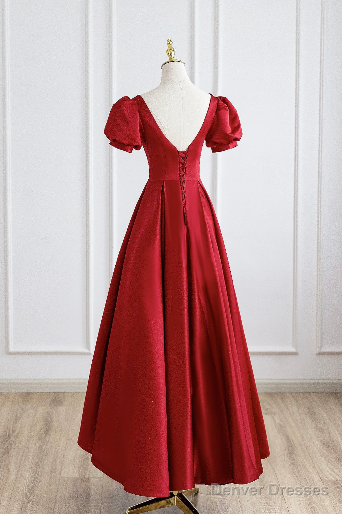Red Satin Long Prom Dress, Simple A-Line Short Sleeve Evening Party Dress Secondary image