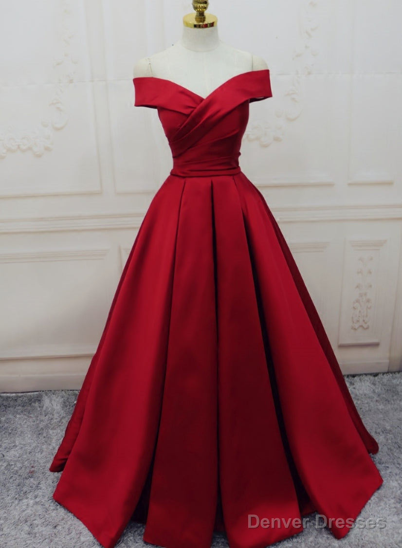 Red Satin Off Shoulder Handmade Long Formal Dress, Handmade Red Formal Gown Main image