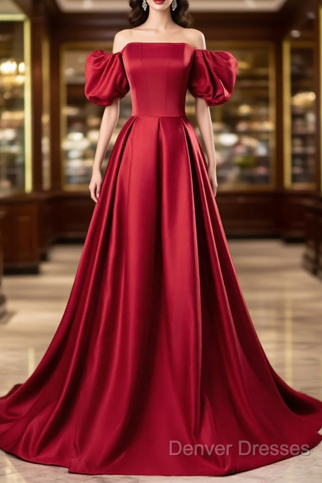 Red Satin Off Shoulder Long Simple A-Line Wedding Party Dress, Red Long Evening Dress Main image