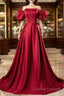 Red Satin Off Shoulder Long Simple A-Line Wedding Party Dress, Red Long Evening Dress