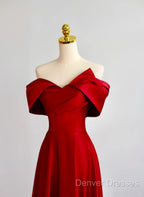 Red Satin Off Shoulder Sweetheart Long Party Dress, Red Satin Prom Dress