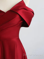 Red Satin Off Shoulder Sweetheart Long Party Dress, Red Satin Prom Dress
