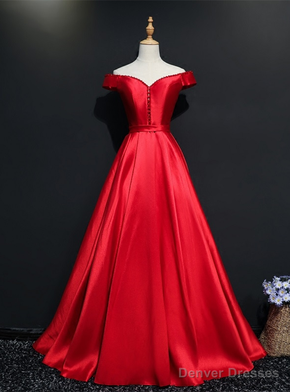 Red Satin Off the Shoulder Beading Prom Dress Main image