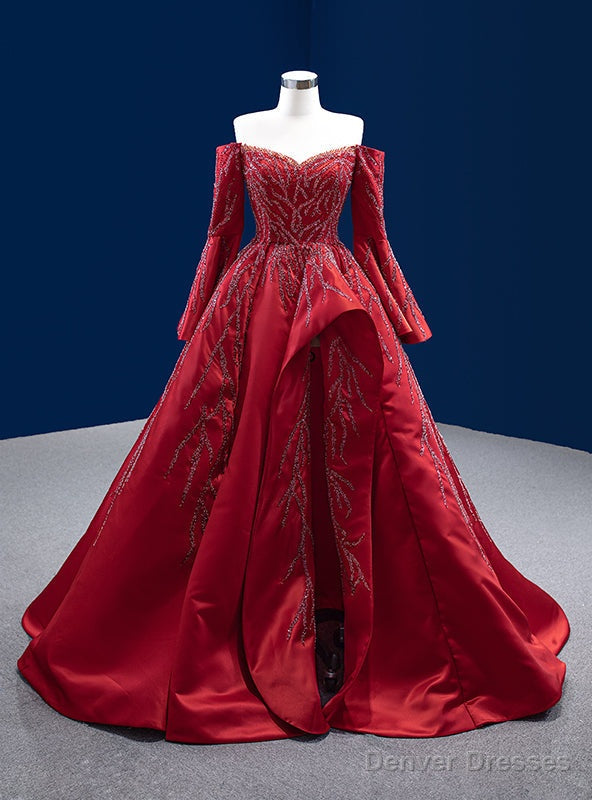 Red Satin Off the Shoulder Beading Split Prom Dress Main image