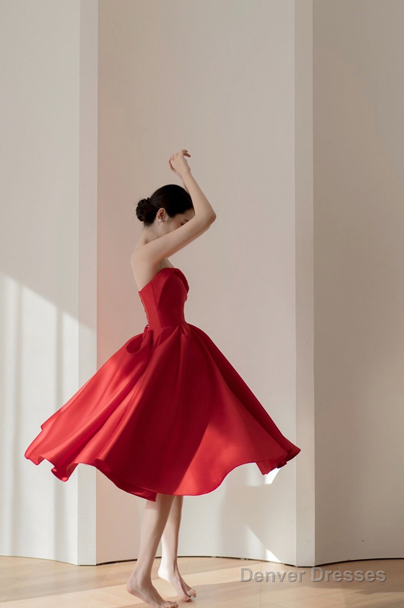 Red Satin Short A-Line Prom Dress, Red Strapless Homecoming Party Dress Secondary image
