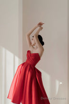 Red Satin Short A-Line Prom Dress, Red Strapless Homecoming Party Dress