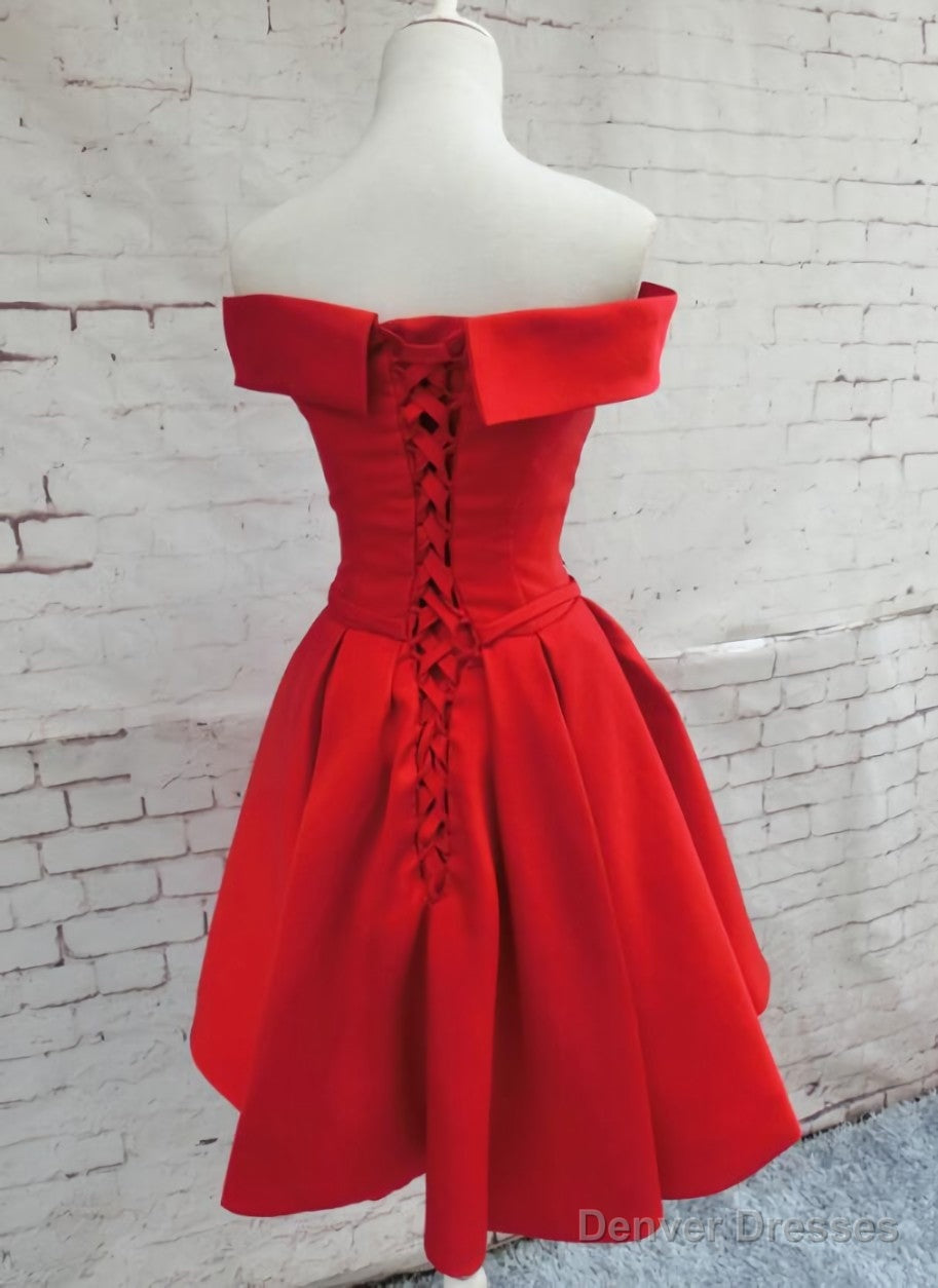 Red Satin Short Party Dress, Red Off Shoulder Homecoming Dress