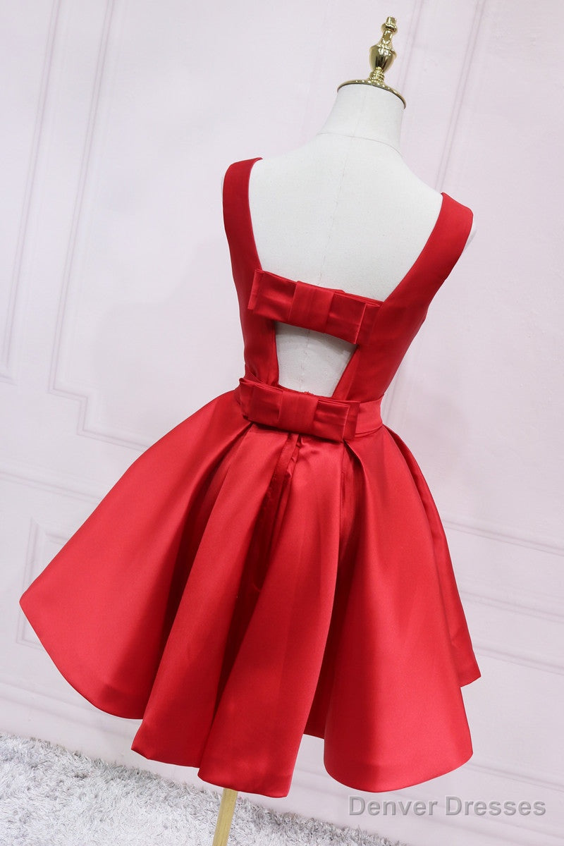 Red Satin Short Simple Backless Party Dress, Red Homecoming Dress Secondary image