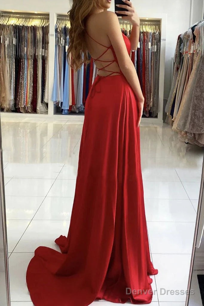 Red Satin Simple Long V-neckline Prom Dress Red A-line Floor Length Party Dress prom dresses shops Secondary image