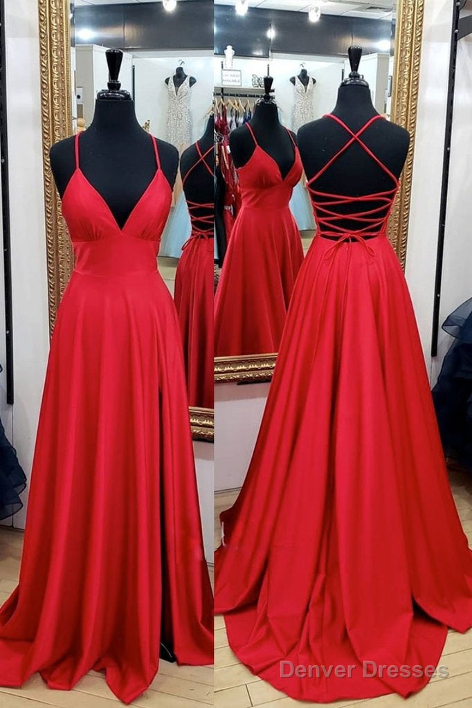 Red Satin Spaghetti Straps A Line Cross Back Long Prom Dress Main image