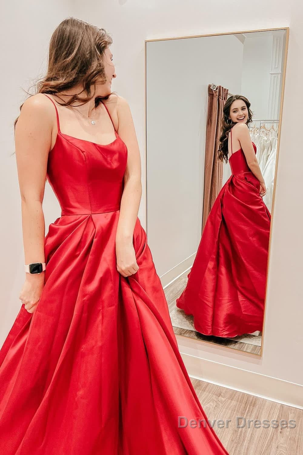 Red Satin Spaghetti Straps A-Line Prom Dress Main image