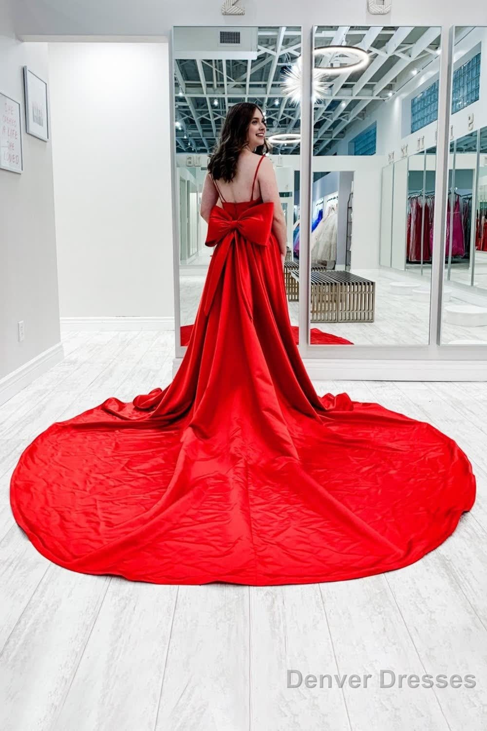 Red Satin Spaghetti Straps Prom Dress with Bow Secondary image