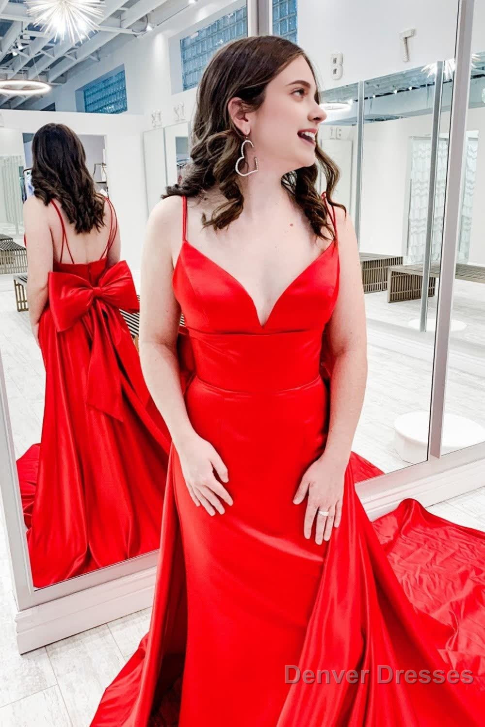 Red Satin Spaghetti Straps Prom Dress with Bow Main image