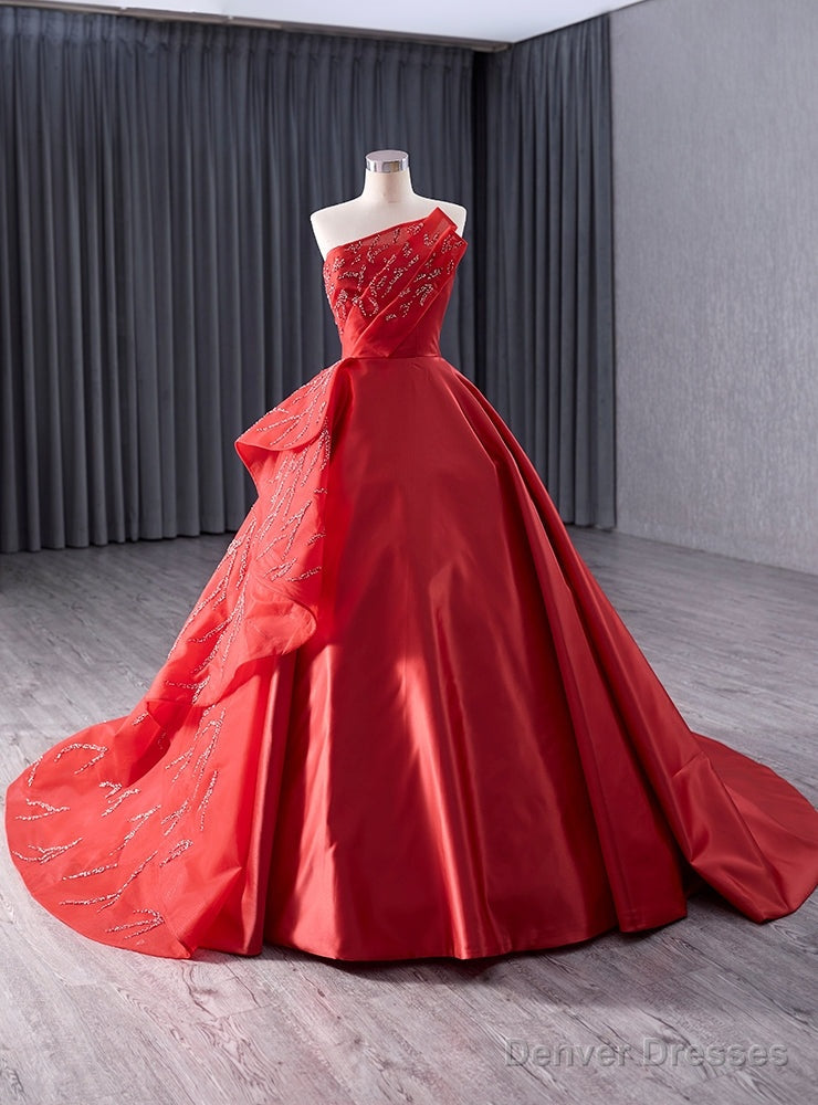 Red Satin Strapless Beading Prom Dress Main image