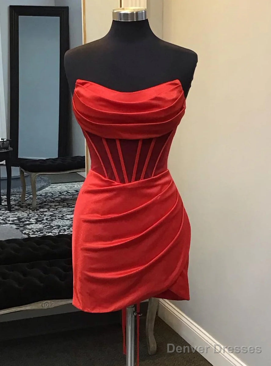 Red Satin Strapless Pleats Short Homecoming Dress Main image