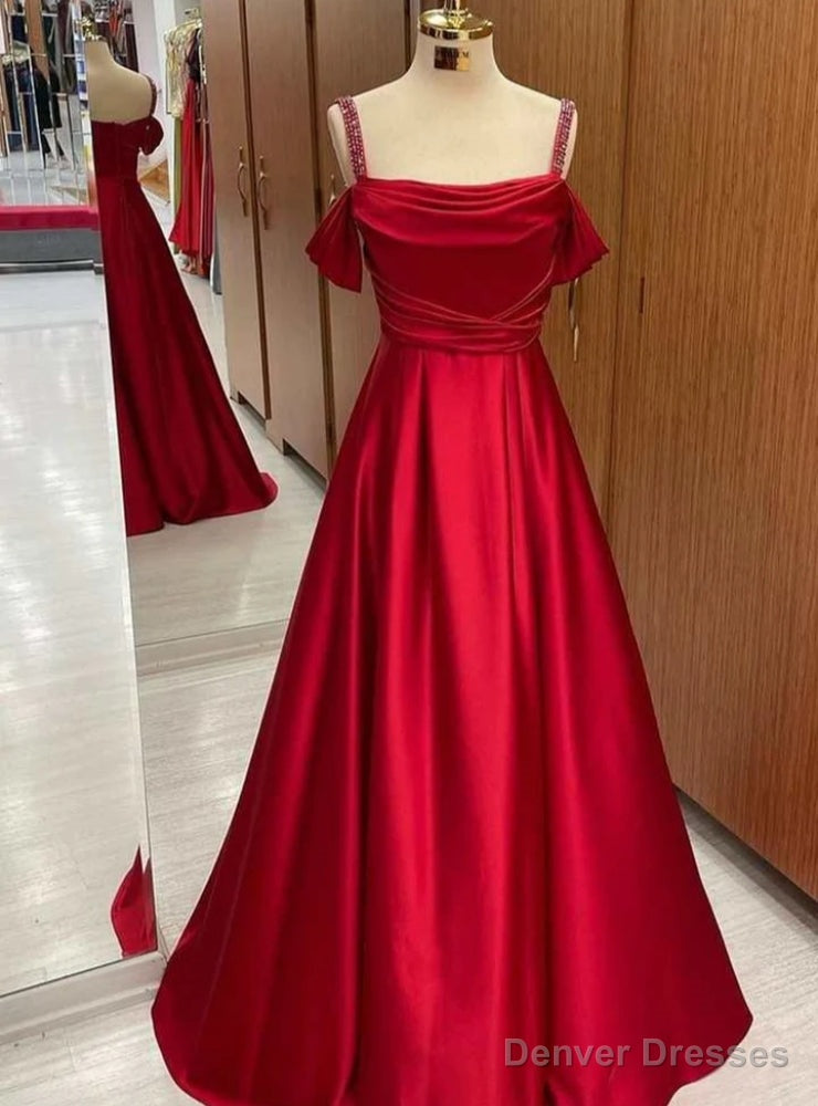 Red Satin Straps Beading Prom Dress Main image