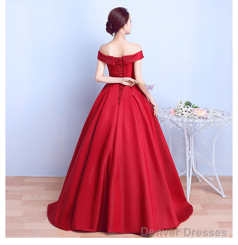 Red Satin Sweetheart Off Shoulder Long Formal Dress Evening Gown, Red Long Ball Gown Party Dress