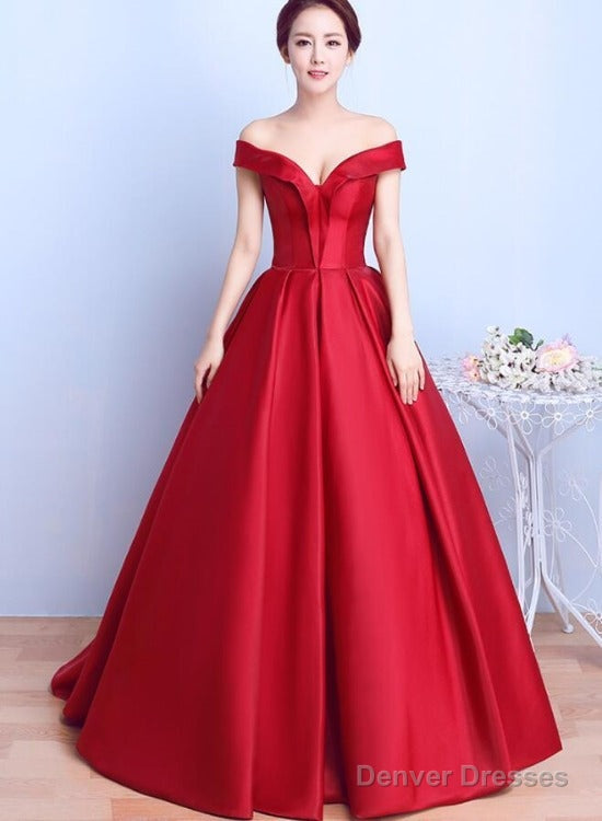 Red Satin Sweetheart Off Shoulder Long Formal Dress Evening Gown, Red Long Ball Gown Party Dress Main image