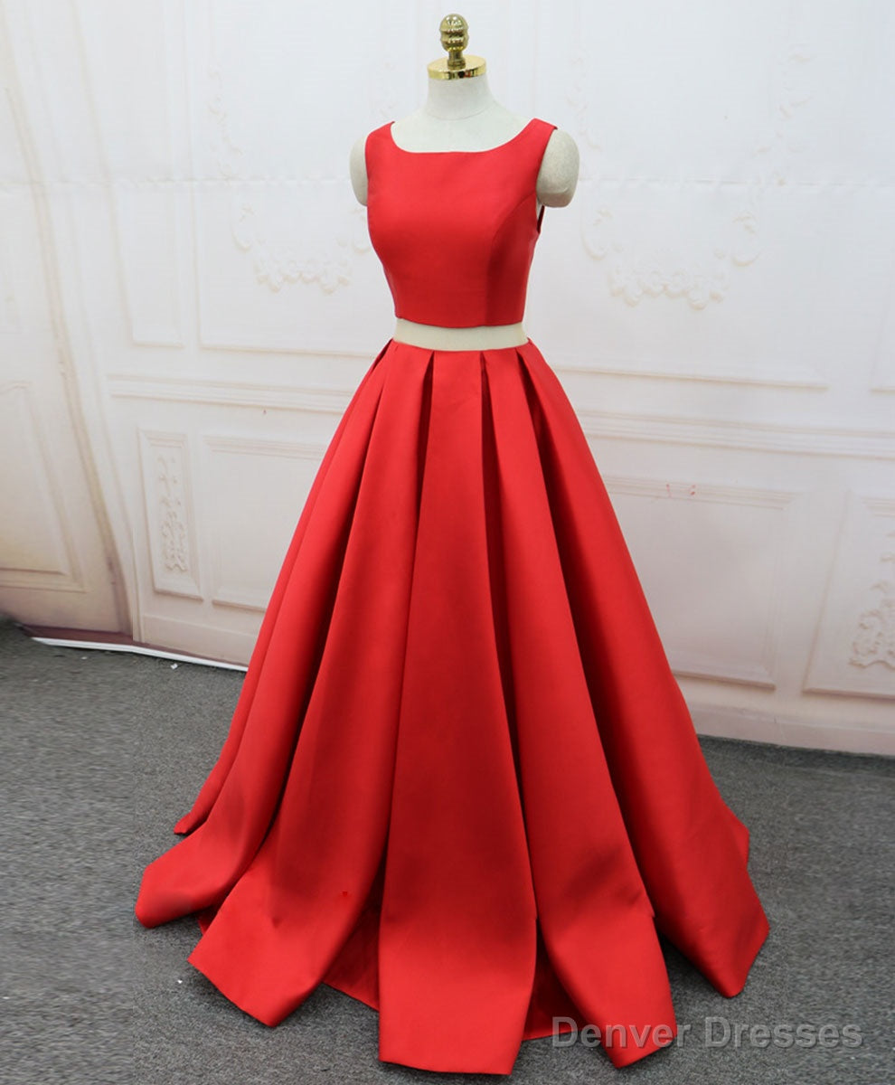 Red Satin Two Pieces Long Prom Dress Red Long Evening Dress