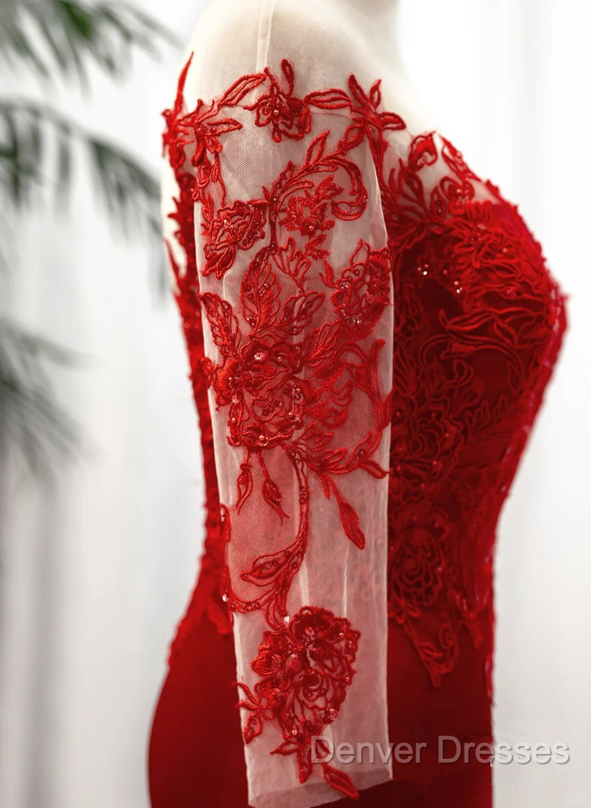 Red Satin With Lace Round Neckline Party Dress, Red Satin Evening Dress Secondary image