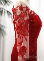 Red Satin With Lace Round Neckline Party Dress, Red Satin Evening Dress