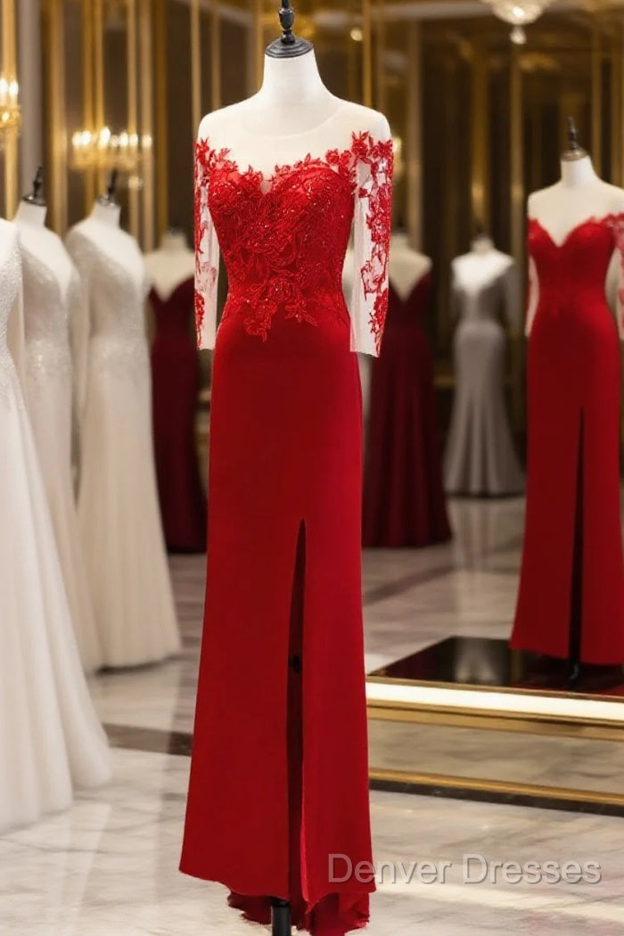 Red Satin With Lace Round Neckline Party Dress, Red Satin Evening Dress Main image