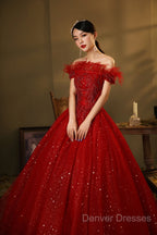 Red Scoop Ball Gown Shiny Tulle Off Shoulder Party Dress, Red Sweet 16 Dress Formal Dress