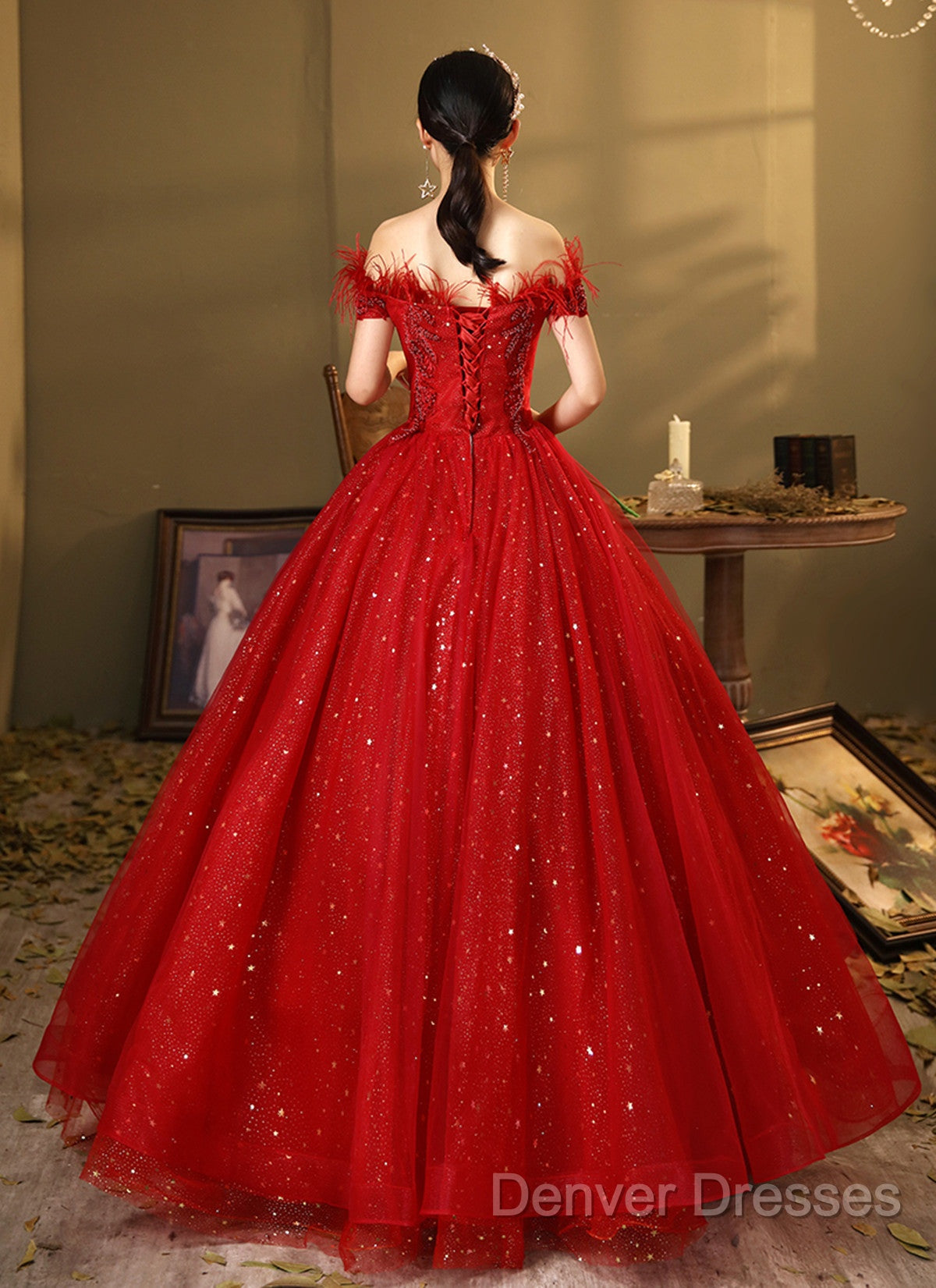 Red Scoop Ball Gown Shiny Tulle Off Shoulder Party Dress, Red Sweet 16 Dress Formal Dress