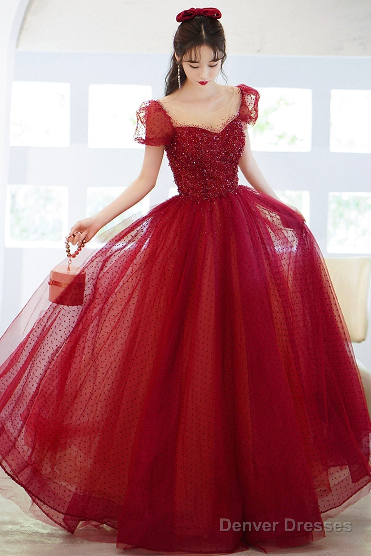 Red Scoop Neckline Tulle Long Prom Dress With Sequins, A-Line Formal Evening Dress Main image