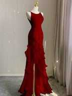 Red Scoop Sleeveless Ruffles Tiered Prom Dress with Slit
