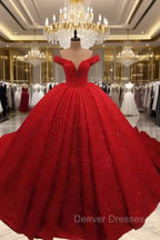 Red Sequin Lace Off Shoulder Ball Gown