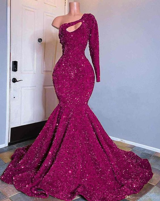 Red Sequined Mermaid Prom Dress One Shoulder Long Sleeve Sequined Keyhole Prom Gowns Secondary image