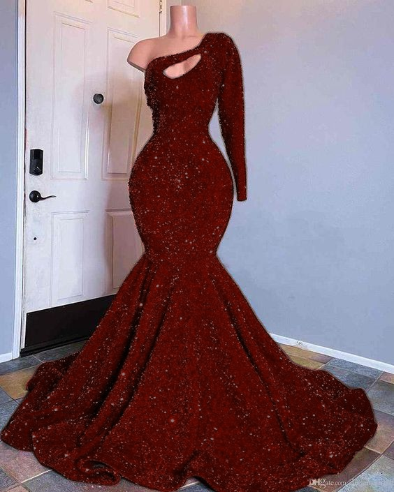 Red Sequined Mermaid Prom Dress One Shoulder Long Sleeve Sequined Keyhole Prom Gowns