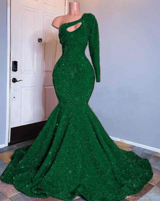 Red Sequined Mermaid Prom Dress One Shoulder Long Sleeve Sequined Keyhole Prom Gowns