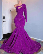 Red Sequined Mermaid Prom Dress One Shoulder Long Sleeve Sequined Keyhole Prom Gowns
