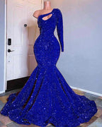 Red Sequined Mermaid Prom Dress One Shoulder Long Sleeve Sequined Keyhole Prom Gowns
