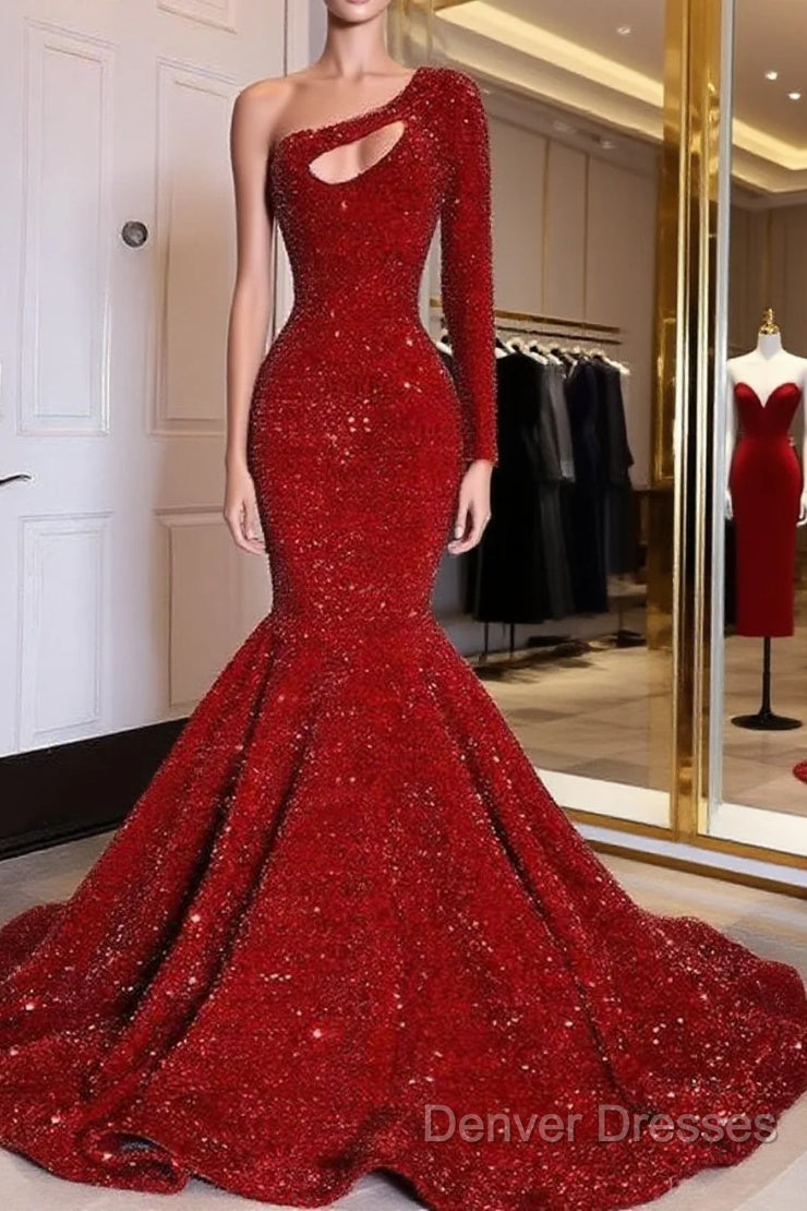 Red Sequined Black Girls Mermaid Prom Dress Plus Size One Shoulder Long Sleeve Sequined Keyhole Prom Gowns Main image