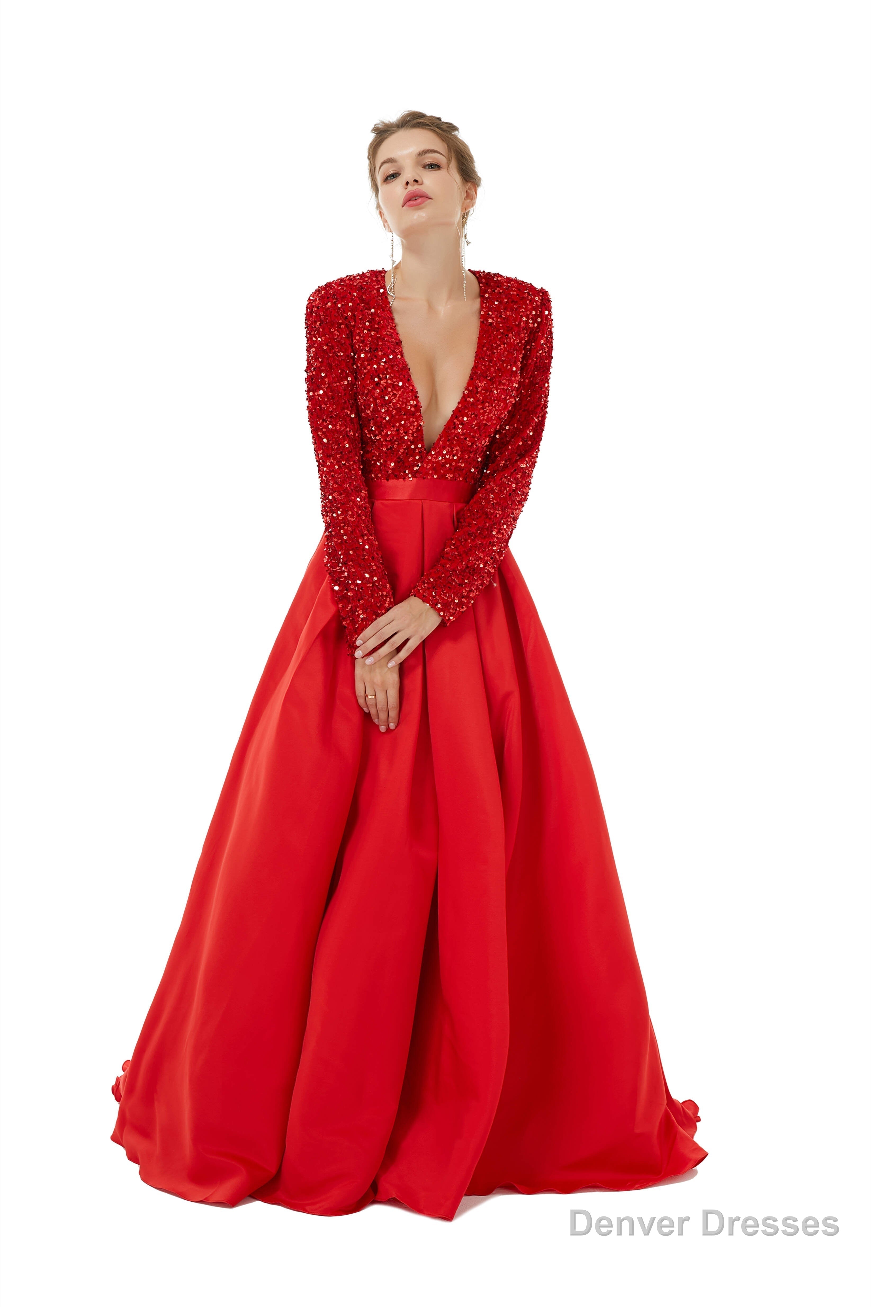 Sequined Satin A Line Front Slit V Neck Full Sleeve Sweep Train Long Prom Dresses