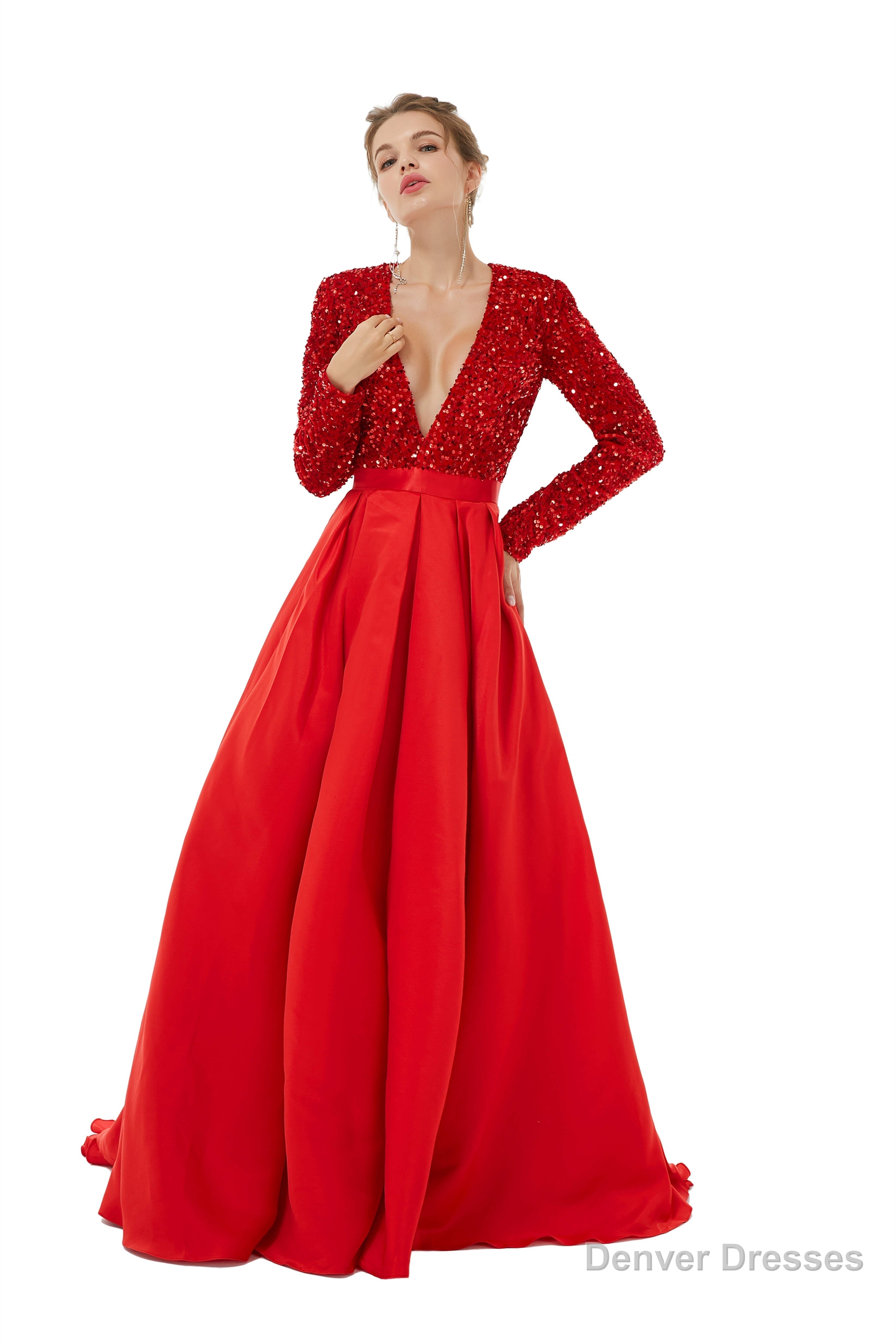 Sequined Satin A Line Front Slit V Neck Full Sleeve Sweep Train Long Prom Dresses