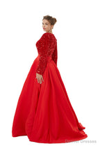 Sequined Satin A Line Front Slit V Neck Full Sleeve Sweep Train Long Prom Dresses