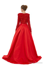 Sequined Satin A Line Front Slit V Neck Full Sleeve Sweep Train Long Prom Dresses